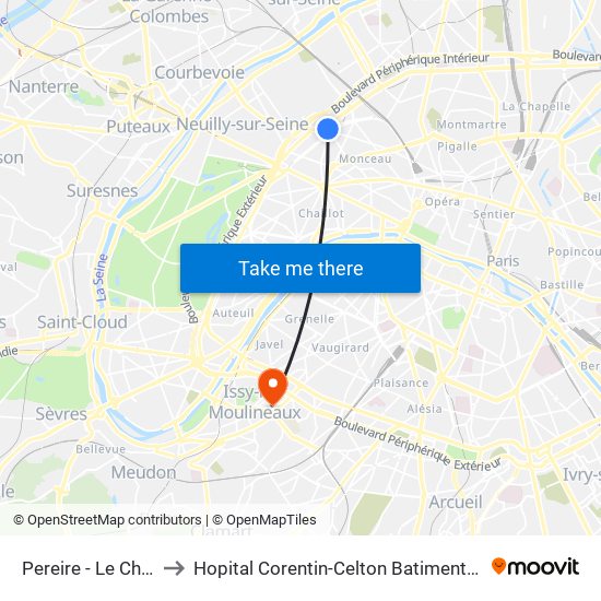 Pereire - Le Chatelier to Hopital Corentin-Celton Batiment P. Berthaux map