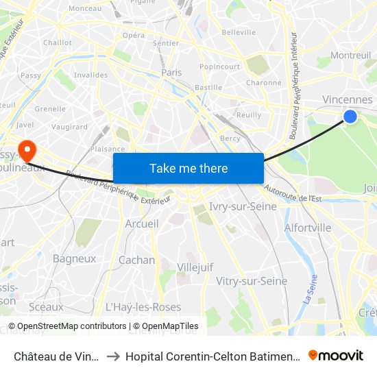 Château de Vincennes to Hopital Corentin-Celton Batiment P. Berthaux map