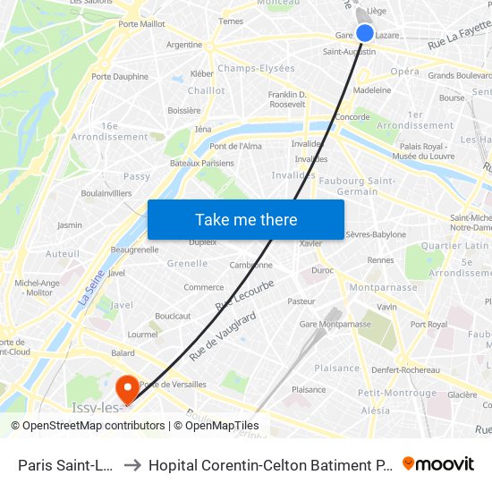 Paris Saint-Lazare to Hopital Corentin-Celton Batiment P. Berthaux map