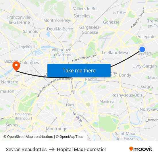 Sevran Beaudottes to Hôpital Max Fourestier map