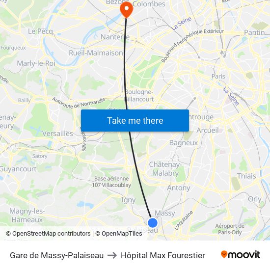 Gare de Massy-Palaiseau to Hôpital Max Fourestier map