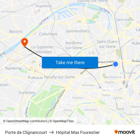 Porte de Clignancourt to Hôpital Max Fourestier map