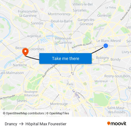 Drancy to Hôpital Max Fourestier map