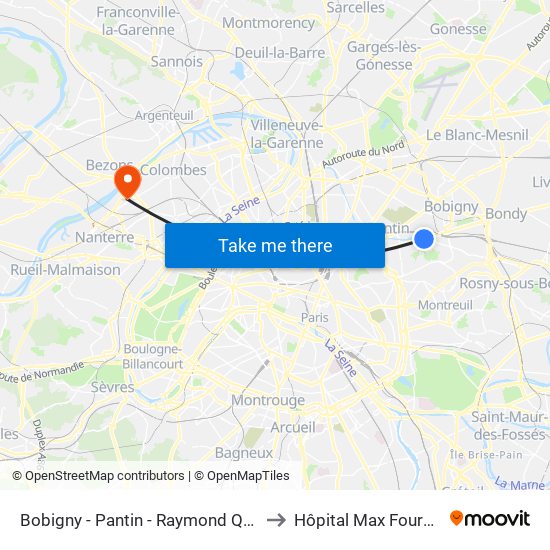 Bobigny - Pantin - Raymond Queneau to Hôpital Max Fourestier map