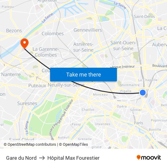 Gare du Nord to Hôpital Max Fourestier map