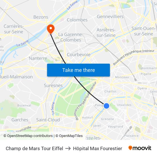 Champ de Mars Tour Eiffel to Hôpital Max Fourestier map