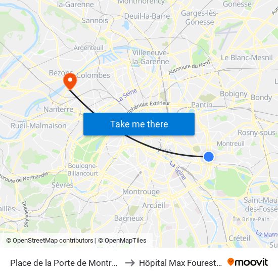 Place de la Porte de Montreuil to Hôpital Max Fourestier map