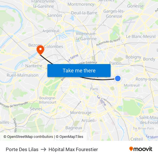 Porte Des Lilas to Hôpital Max Fourestier map