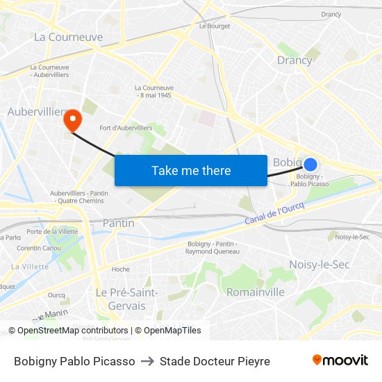 Bobigny Pablo Picasso to Stade Docteur Pieyre map