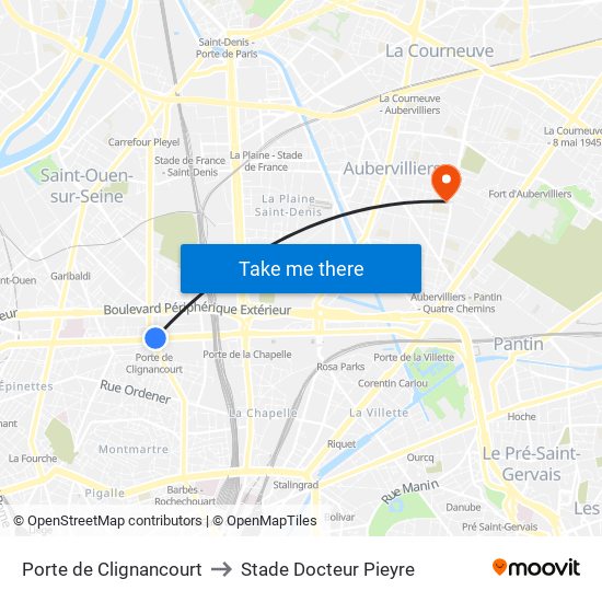 Porte de Clignancourt to Stade Docteur Pieyre map