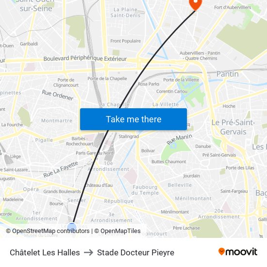 Châtelet Les Halles to Stade Docteur Pieyre map