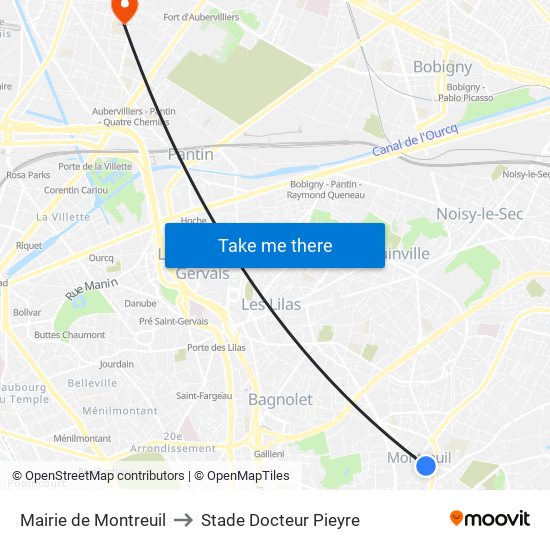 Mairie de Montreuil to Stade Docteur Pieyre map