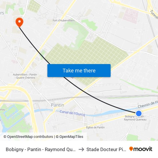Bobigny - Pantin - Raymond Queneau to Stade Docteur Pieyre map