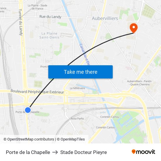 Porte de la Chapelle to Stade Docteur Pieyre map