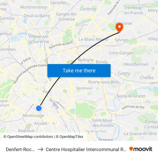 Denfert-Rochereau to Centre Hospitalier Intercommunal Robert Ballanger map