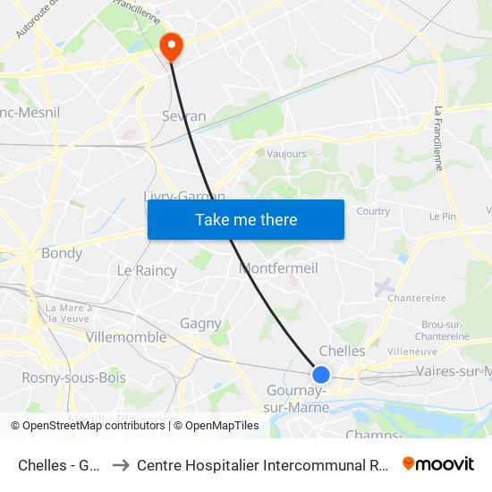 Chelles - Gournay to Centre Hospitalier Intercommunal Robert Ballanger map