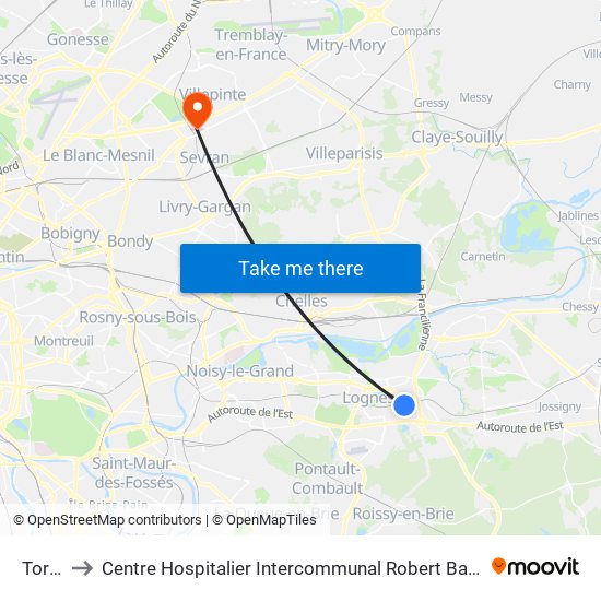 Torcy to Centre Hospitalier Intercommunal Robert Ballanger map