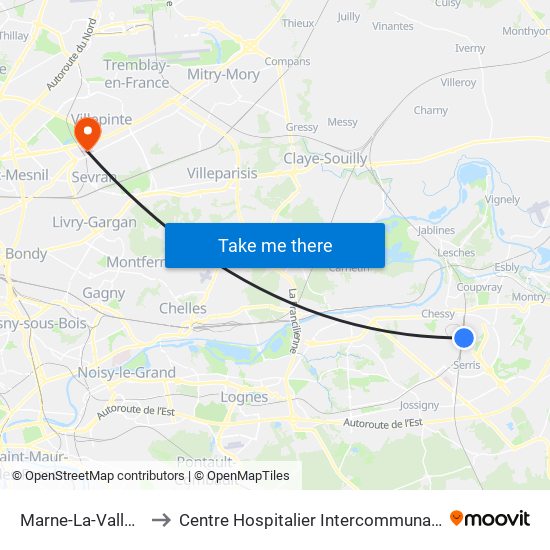 Marne-La-Vallée Chessy to Centre Hospitalier Intercommunal Robert Ballanger map