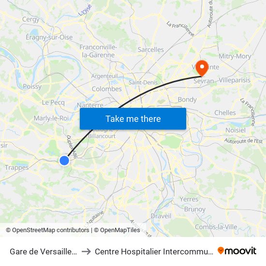 Gare de Versailles - Chantiers to Centre Hospitalier Intercommunal Robert Ballanger map