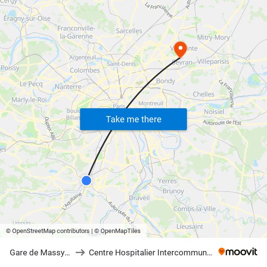 Gare de Massy-Palaiseau to Centre Hospitalier Intercommunal Robert Ballanger map