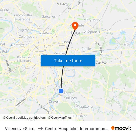 Villeneuve-Saint-Georges to Centre Hospitalier Intercommunal Robert Ballanger map
