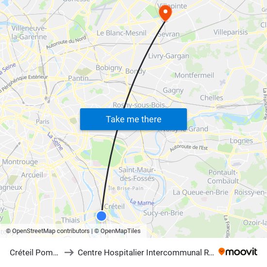 Créteil Pompadour to Centre Hospitalier Intercommunal Robert Ballanger map