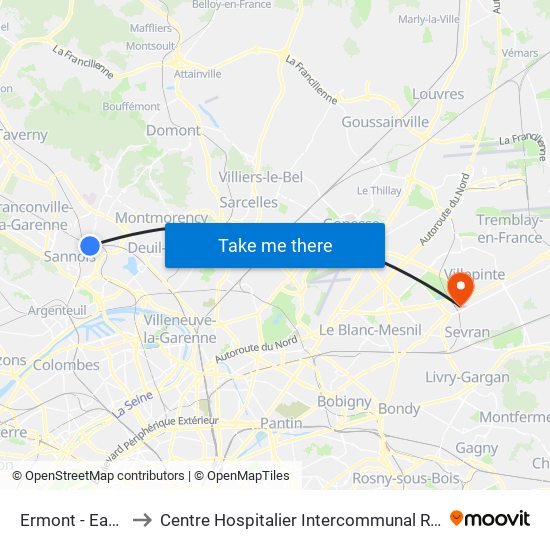 Ermont - Eaubonne to Centre Hospitalier Intercommunal Robert Ballanger map