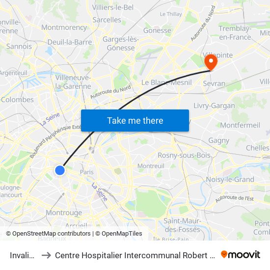 Invalides to Centre Hospitalier Intercommunal Robert Ballanger map