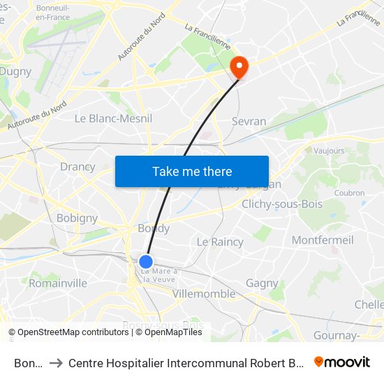 Bondy to Centre Hospitalier Intercommunal Robert Ballanger map