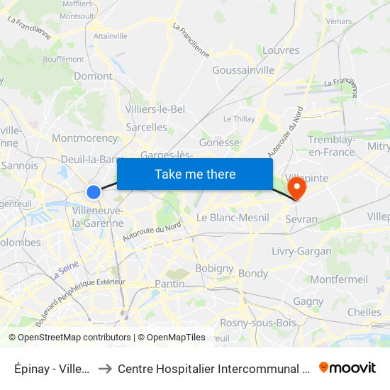 Épinay - Villetaneuse to Centre Hospitalier Intercommunal Robert Ballanger map