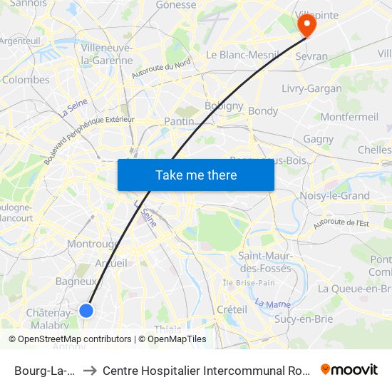 Bourg-La-Reine to Centre Hospitalier Intercommunal Robert Ballanger map