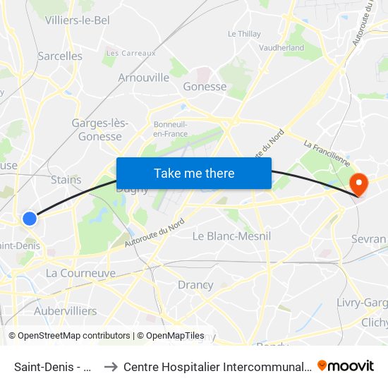 Saint-Denis - Université to Centre Hospitalier Intercommunal Robert Ballanger map