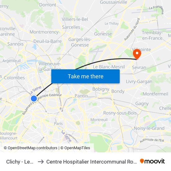 Clichy - Levallois to Centre Hospitalier Intercommunal Robert Ballanger map