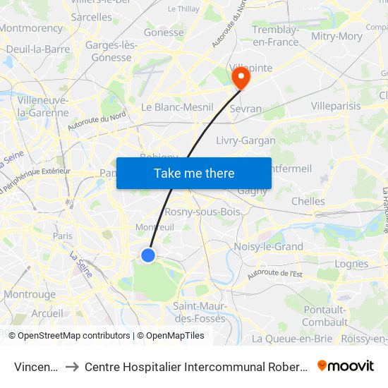 Vincennes to Centre Hospitalier Intercommunal Robert Ballanger map