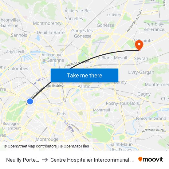 Neuilly Porte Maillot to Centre Hospitalier Intercommunal Robert Ballanger map