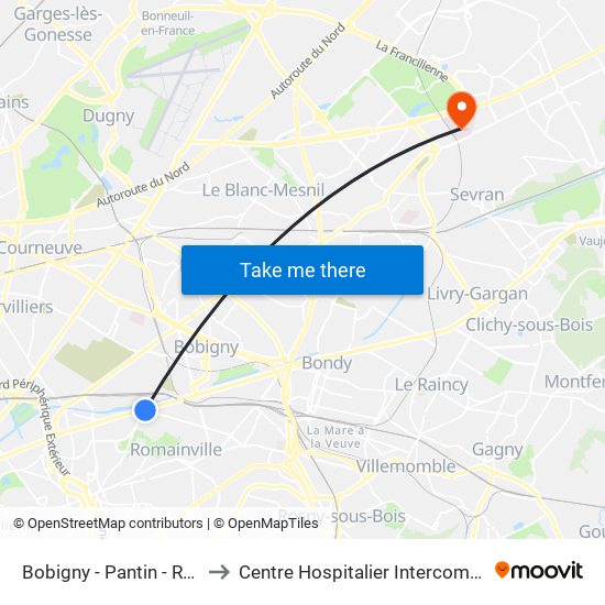 Bobigny - Pantin - Raymond Queneau to Centre Hospitalier Intercommunal Robert Ballanger map