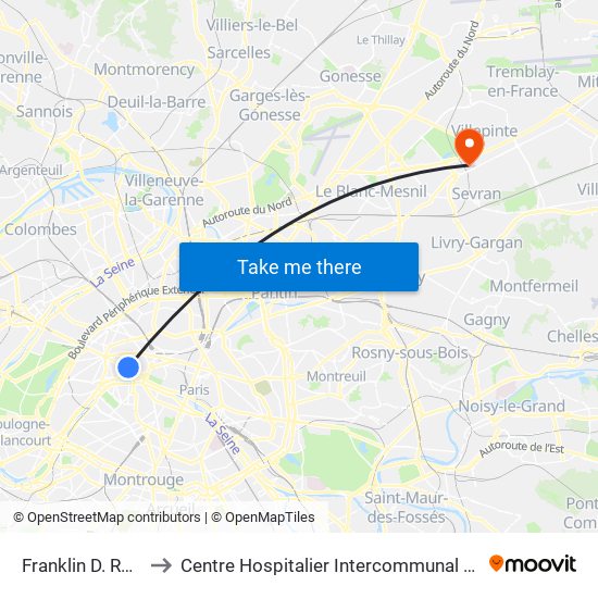 Franklin D. Roosevelt to Centre Hospitalier Intercommunal Robert Ballanger map