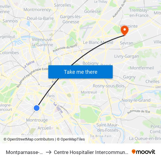 Montparnasse-Bienvenue to Centre Hospitalier Intercommunal Robert Ballanger map