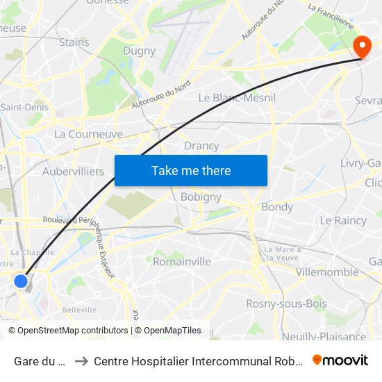 Gare du Nord to Centre Hospitalier Intercommunal Robert Ballanger map