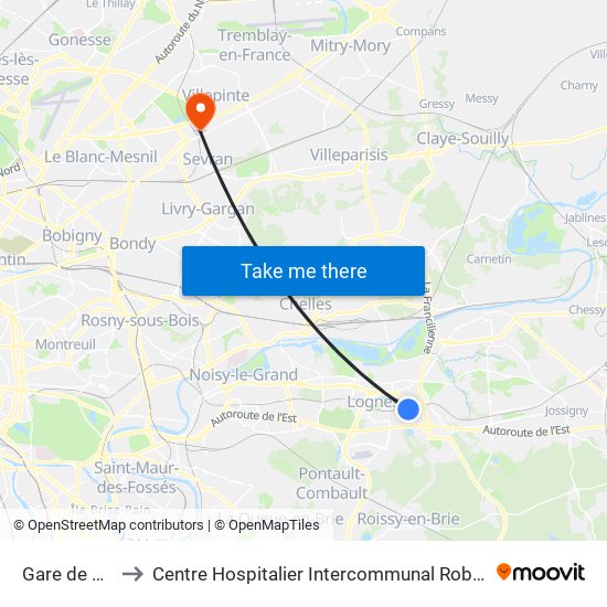Gare de Torcy to Centre Hospitalier Intercommunal Robert Ballanger map