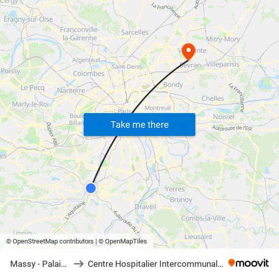 Massy - Palaiseau RER to Centre Hospitalier Intercommunal Robert Ballanger map