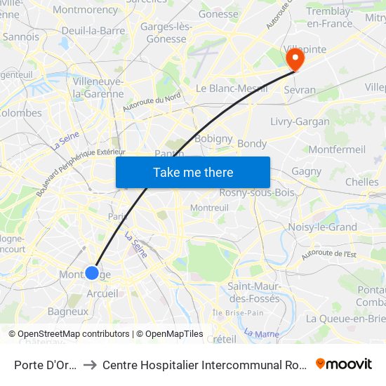 Porte D'Orléans to Centre Hospitalier Intercommunal Robert Ballanger map