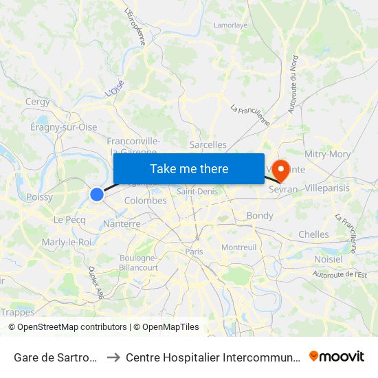 Gare de Sartrouville - RER to Centre Hospitalier Intercommunal Robert Ballanger map