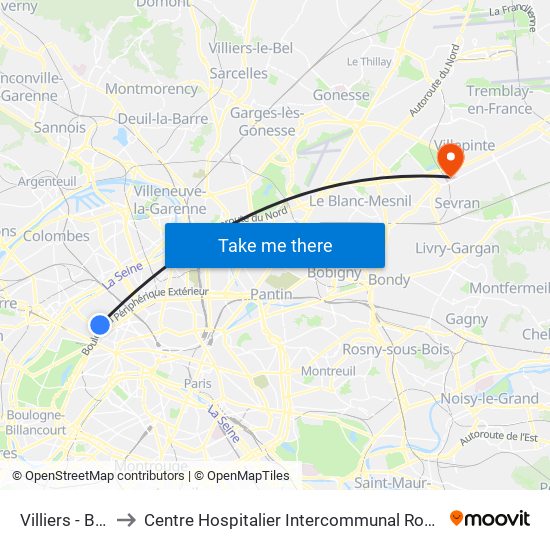 Villiers - Bineau to Centre Hospitalier Intercommunal Robert Ballanger map