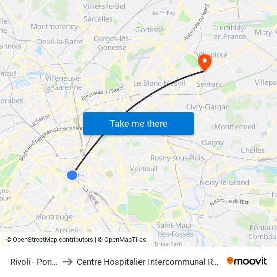 Rivoli - Pont Neuf to Centre Hospitalier Intercommunal Robert Ballanger map