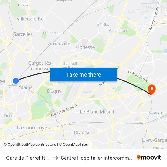 Gare de Pierrefitte - Stains RER to Centre Hospitalier Intercommunal Robert Ballanger map