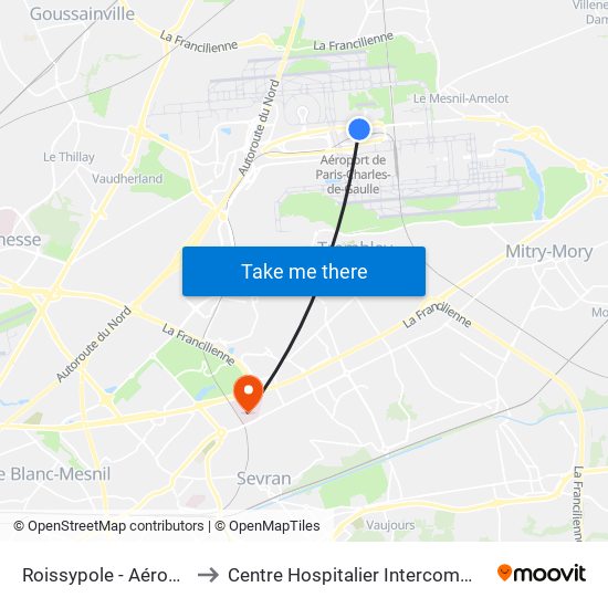 Roissypole - Aéroport Cdg1 (G1) to Centre Hospitalier Intercommunal Robert Ballanger map