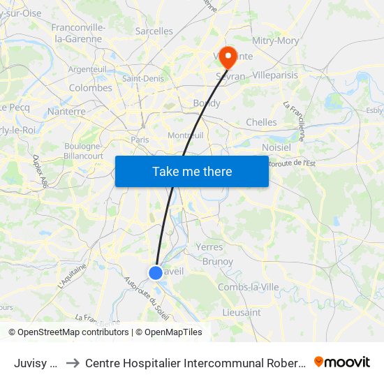 Juvisy RER to Centre Hospitalier Intercommunal Robert Ballanger map