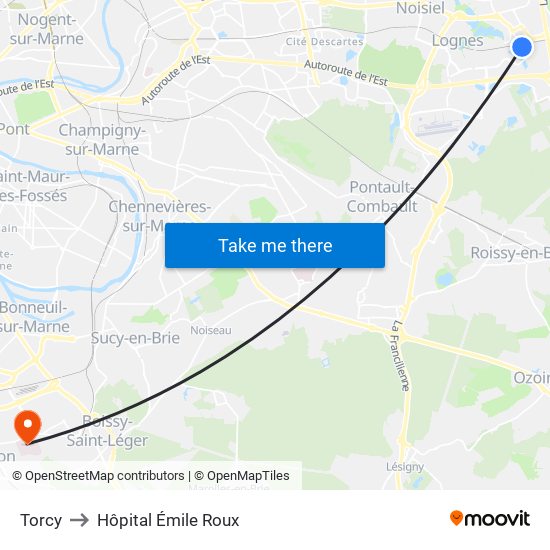 Torcy to Hôpital Émile Roux map