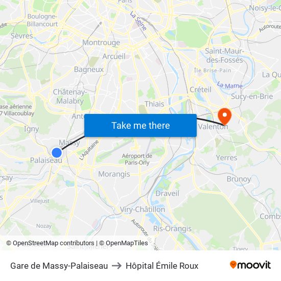 Gare de Massy-Palaiseau to Hôpital Émile Roux map